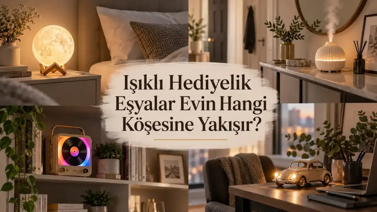 Ahşap bir konsol ve çalışma masası üzerinde loş ışık saçan modern gece lambası ile dekoratif ışıklı objelerin yer aldığı sıcak atmosferli bir köşe.