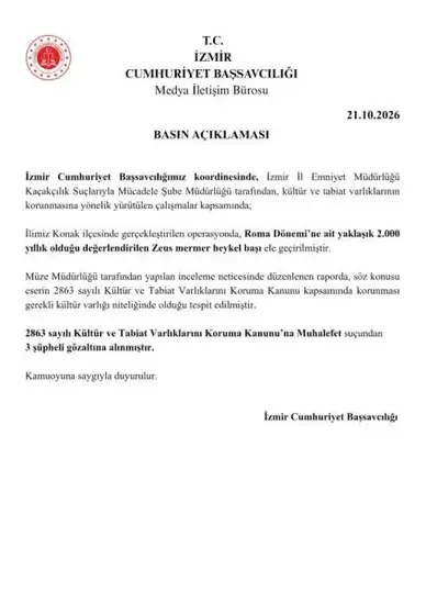 İzmir'de 2 bin yıllık Zeus heykel başı ele geçirildi - Detay Görsel 1