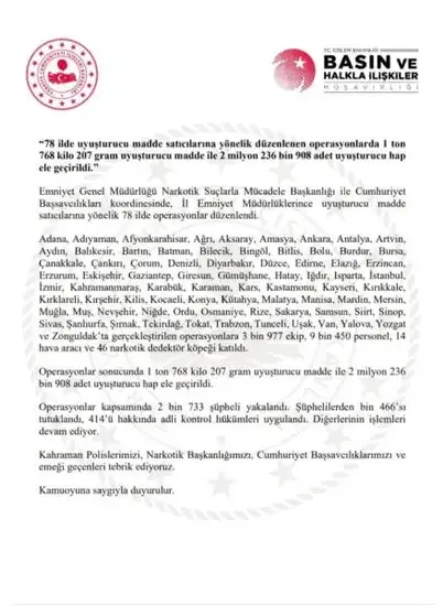 Uyuşturucu operasyonlarında 78 ilde 1.466 tutuklama yapıldı - Detay Görsel 1