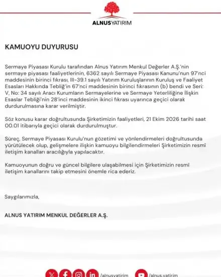 Alnus Yatırım'ın faaliyetleri geçici olarak durduruldu - Detay Görsel 1