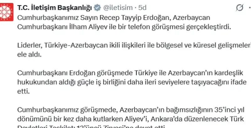 Erdoğan, Aliyev'i Türk Devletleri Zirvesi'ne davet etti - Detay Görsel 1