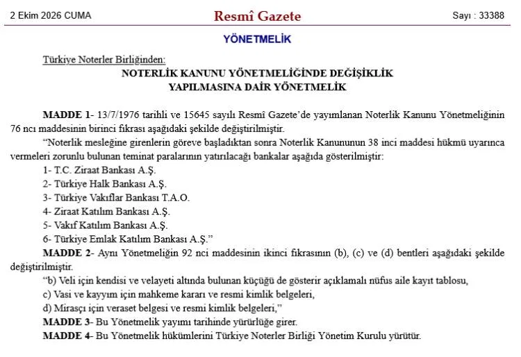 Noterlerin teminat parası için bankalar belirlendi