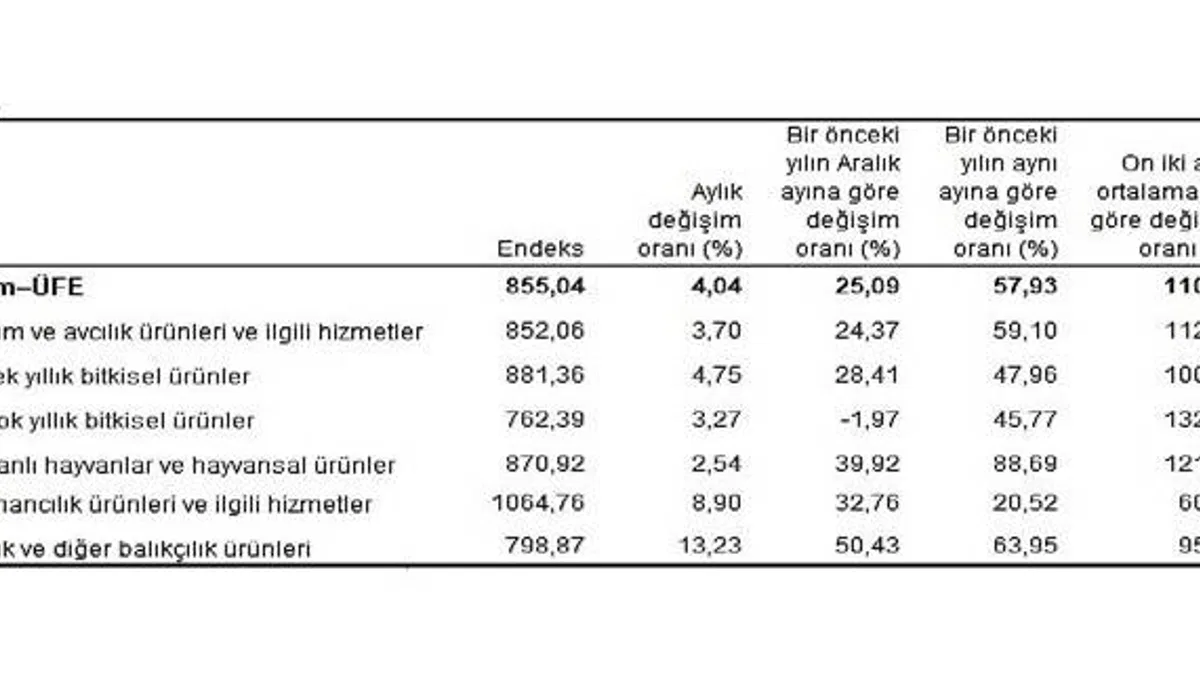 Tarım ürünleri üretici fiyat endeksi (Tarım-ÜFE) yıllık yüzde 57,93, aylık yüzde 4,04 arttı