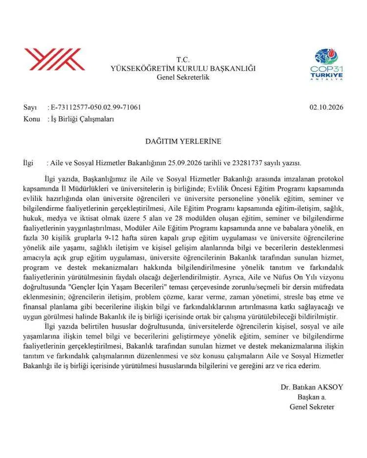 YÖK’ten üniversitelere aile eğitimi ve yaşam becerileri çalışması