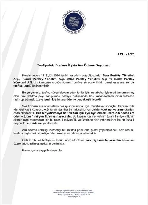 Tasfiye halindeki fon yatırımcılarına 1 milyon liraya kadar ara ödeme kararı