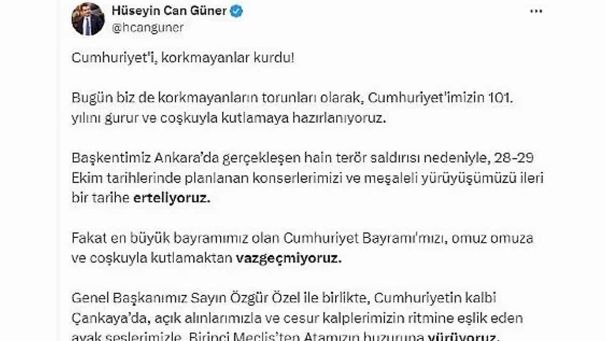 Çankaya Belediye Başkanı Hüseyin Can Güner'in Cumhuriyet Bayramı Etkinlikleri ile İlgili Açıklaması