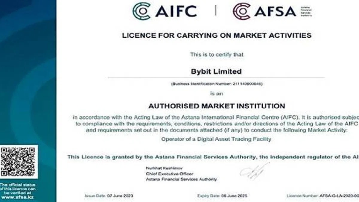 Bybit'e Astana Finansal Hizmet Otoritesi AFSA'dan tarafından Kazakistan'da Yetkili Piyasa Kurumu olarak Dijital Varlık Ticareti Tesisi İşletme ve Gözetim Sağlama lisansı