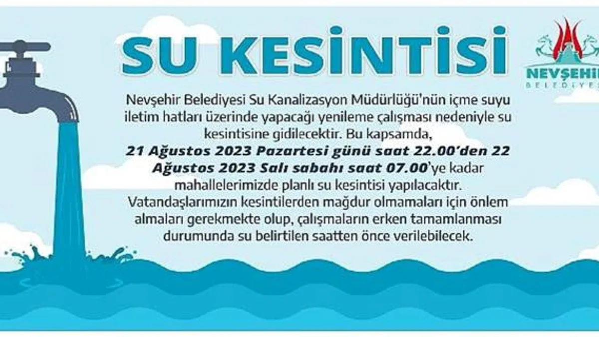Nevşehir Belediyesi'nden Su Kesintisi Duyurusu